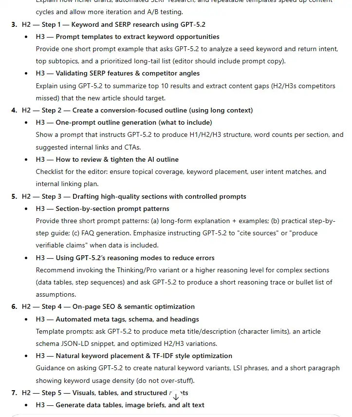 GPT-5.2 article outline showing H1, H2 and early H3 sections