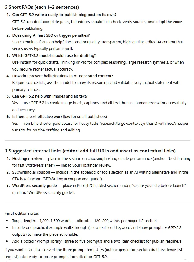 GPT-5.2 FAQ section and internal link recommendations