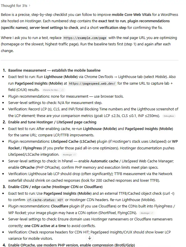 Baseline Core Web Vitals measurement and caching/CDN setup for WordPress on Hostinger