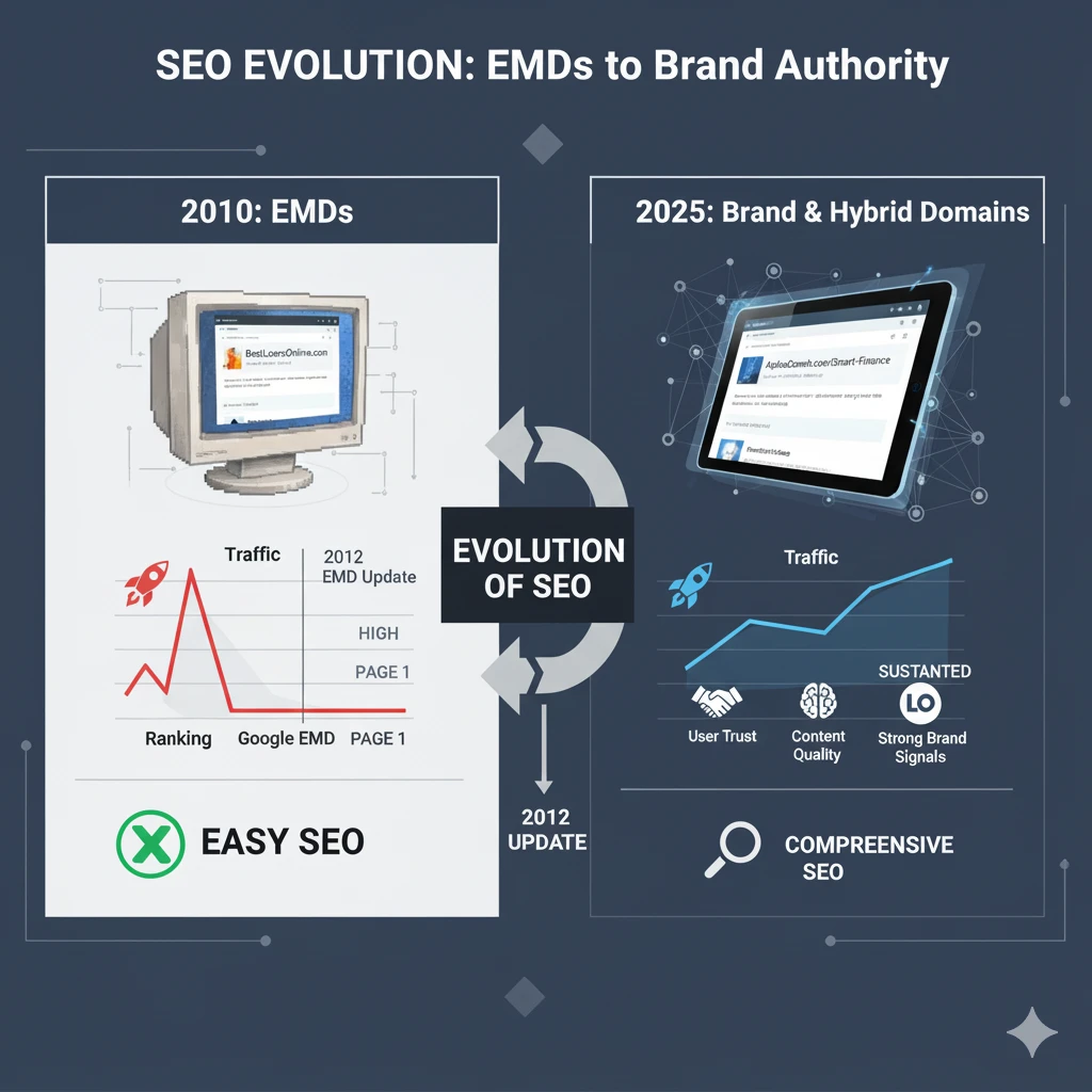 seo-evolution-emd-vs-hybrid-domains Comparison chart showing SEO evolution from 2010 Exact Match Domains (EMDs) with high traffic and rankings before the 2012 Google EMD update, to 2025 Hybrid Domains that achieve sustained traffic and rankings through user trust, content quality, and strong brand signals. Illustrates the shift from 'Easy SEO' to 'Comprehensive SEO