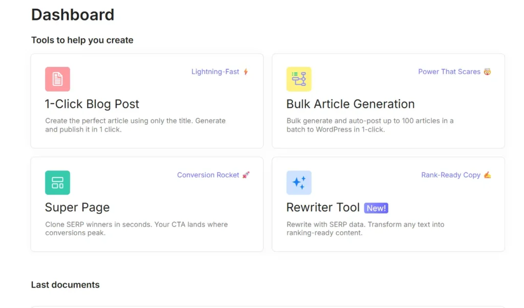 seowriting-ai-superpage-interface SEOwriting.ai Super Page interface screenshot detailing options for outlining and generating long-form, optimized content