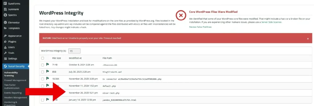 Sucuri scan results showing modified WordPress core files but without showing the file path or removal option