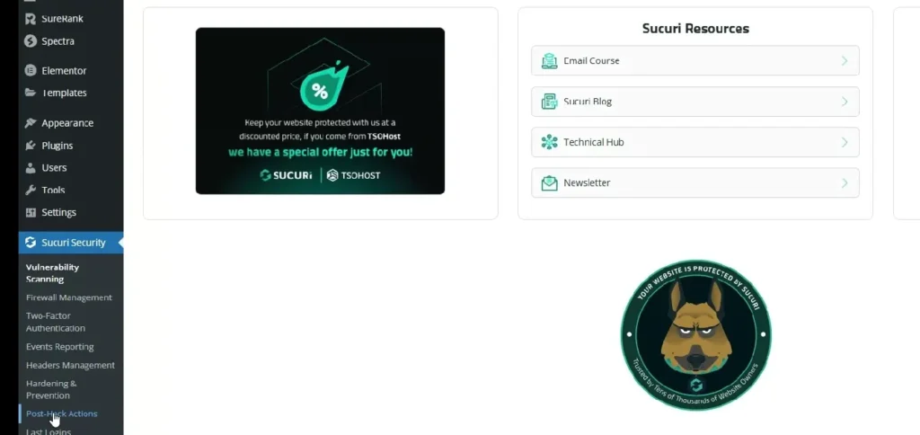 Sucuri Security plugin dashboard showing basic security overview after installation