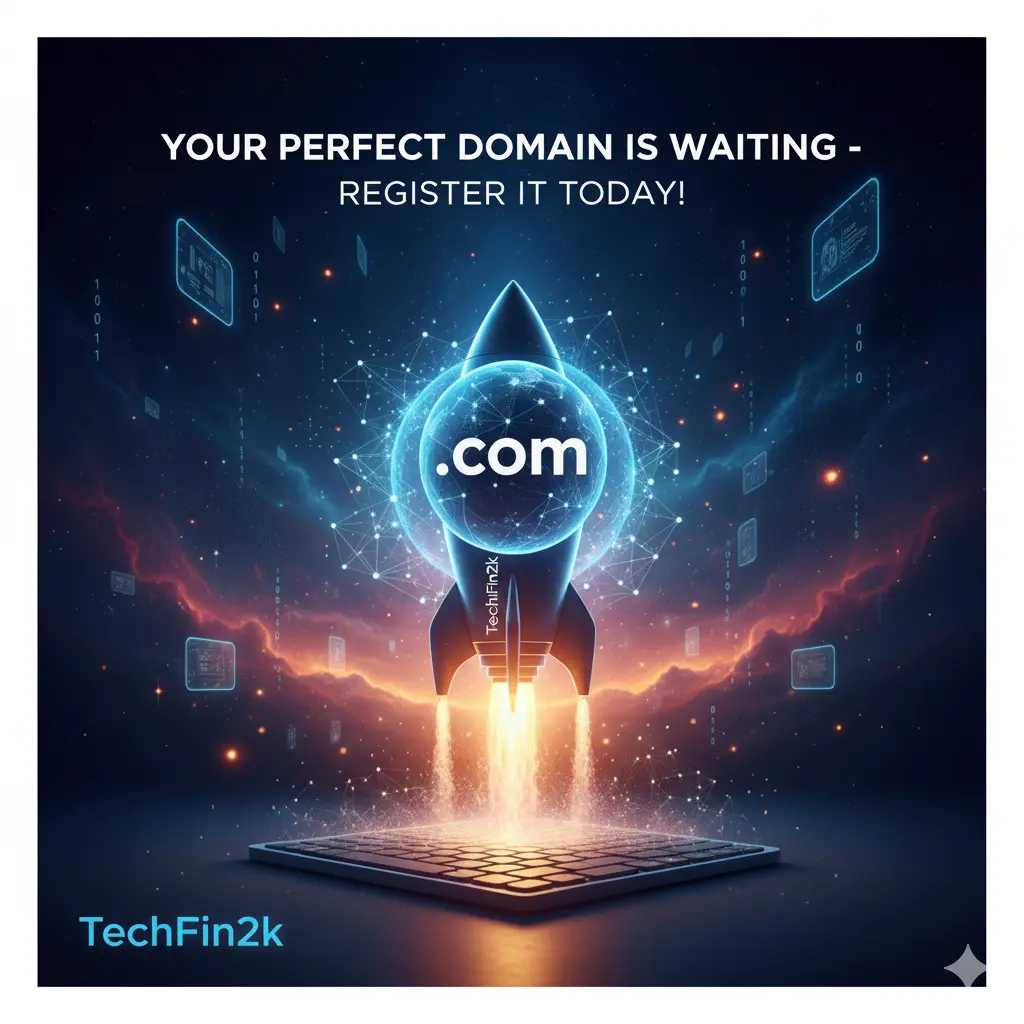 techfin2k-perfect-domain-rocket-launch Motivational branded graphic by TechFin2k showing a rocket launching from a keyboard, with '.com' on its side and the text 'Your Perfect Domain is Waiting - Register It Today!