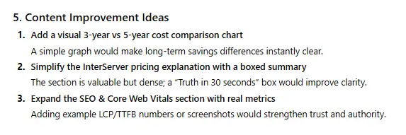 Content improvement ideas suggested by GPT-5.2 for a hosting deals article