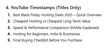 YouTube chapter timestamps suggested by GPT-5.2 for a hosting comparison video