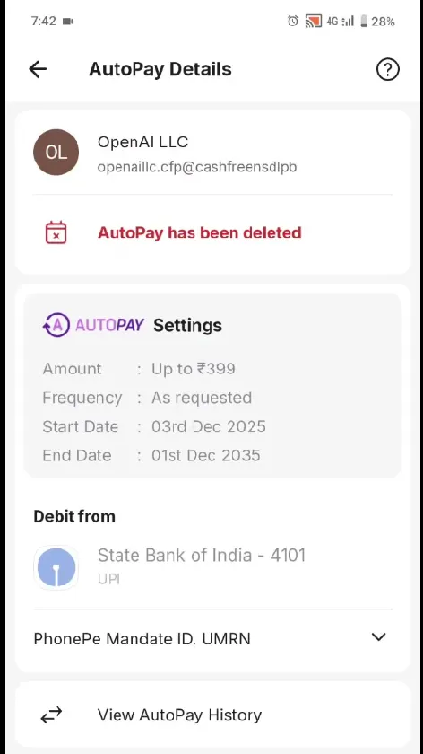Screenshot showing how to delete the UPI autopay mandate for the ChatGPT Go subscription inside a UPI payment app