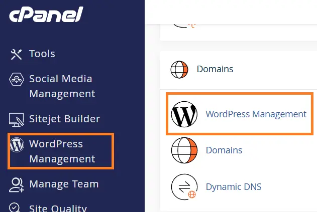 Screenshot of the Verpex cPanel menu with the WordPress Management button highlighted.