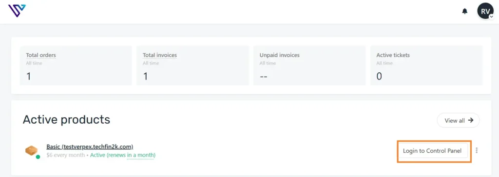 Screenshot of the Verpex user dashboard showing a direct button to log in to the cPanel