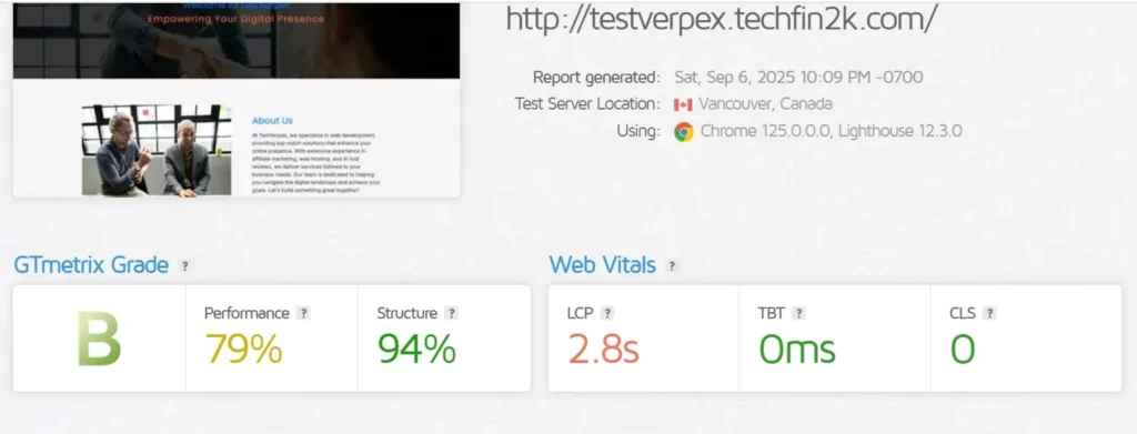verpex-gtmetrix-test-with plugins GTmetrix test result for Verpex hosting with heavy plugins installed.