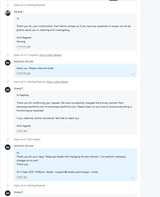 verpex-resolved-ticket-conversation Screenshot of a resolved Verpex support ticket conversation showing a domain change request