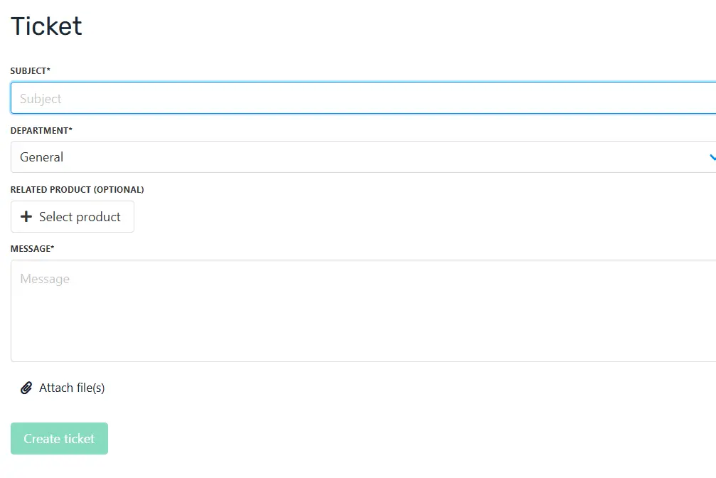verpex-support-ticket-form Screenshot of the Verpex support ticket form showing fields for subject, department, and message