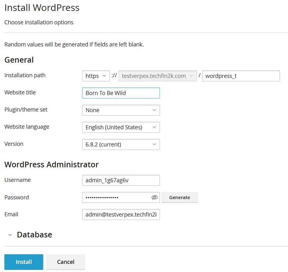 Screenshot of the simple form for installing WordPress on Verpex, showing fields for the site title and admin details.