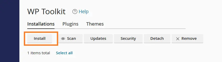 Screenshot of the Verpex WP Toolkit showing the Install button to begin a new WordPress installation.