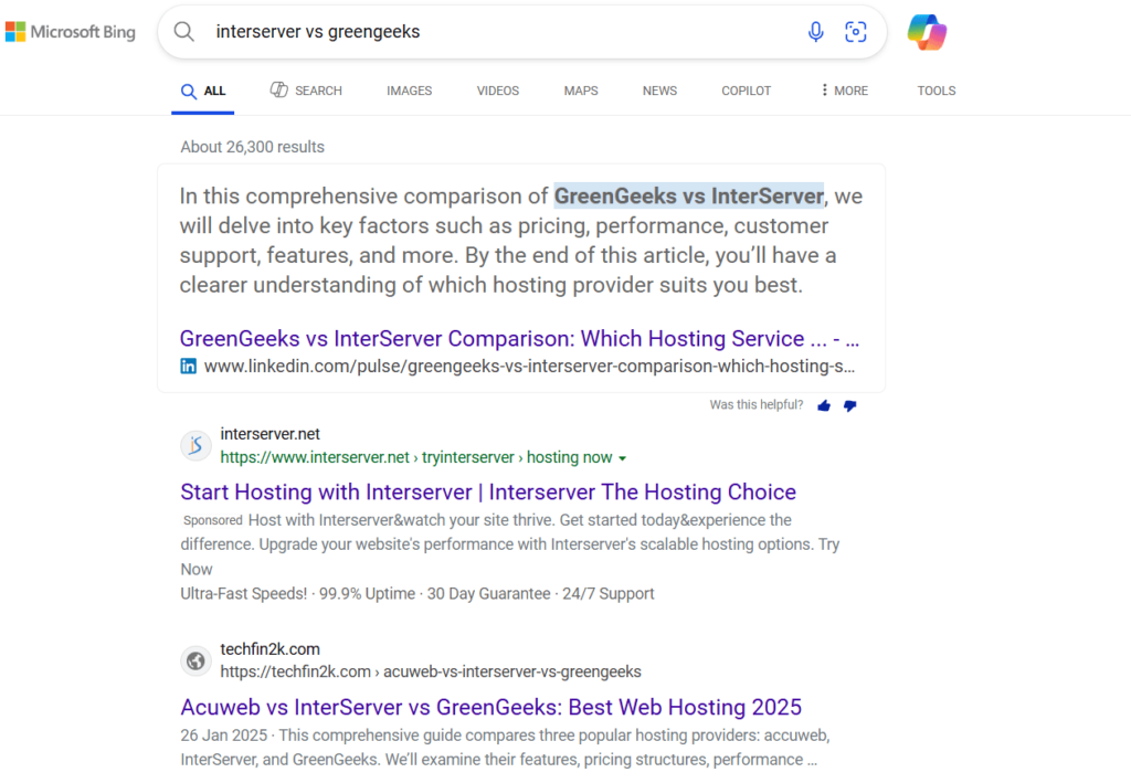 SEOWriting.AI bing search results