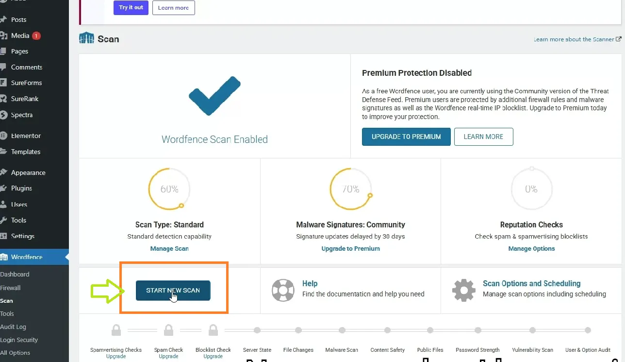 Wordfence dashboard showing the option to start a full malware scan in WordPress
