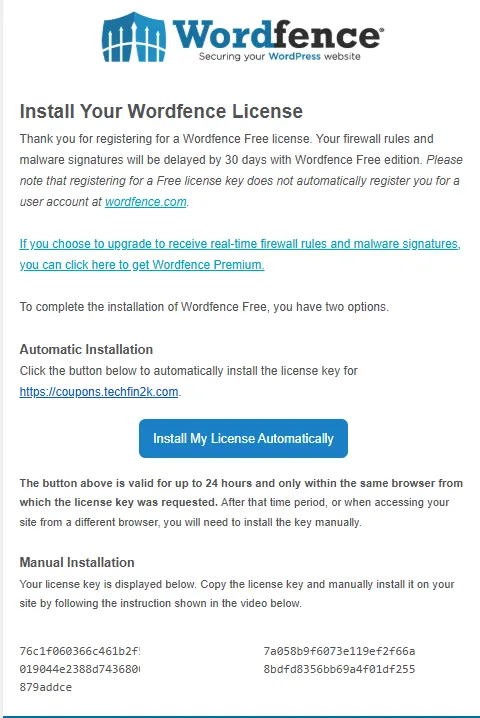 Email containing the Wordfence free license key used to activate the plugin on WordPress