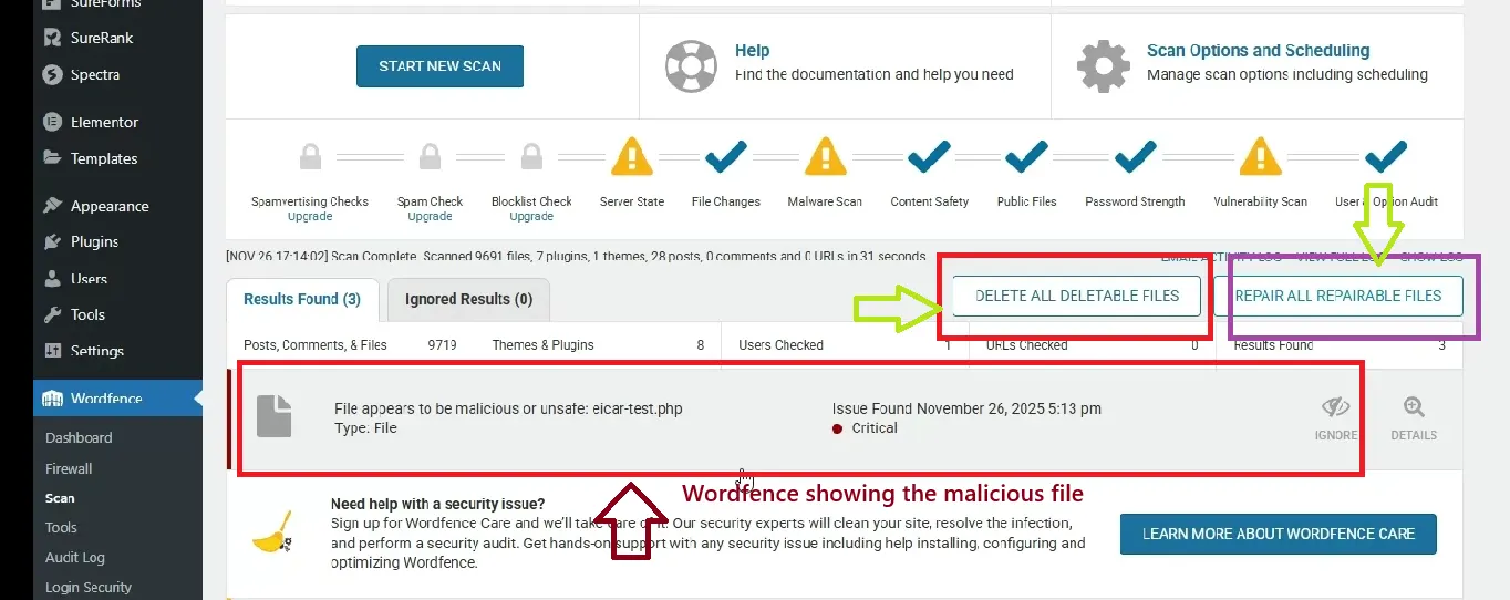 Wordfence scan result showing the infected file details and delete option for malware removal