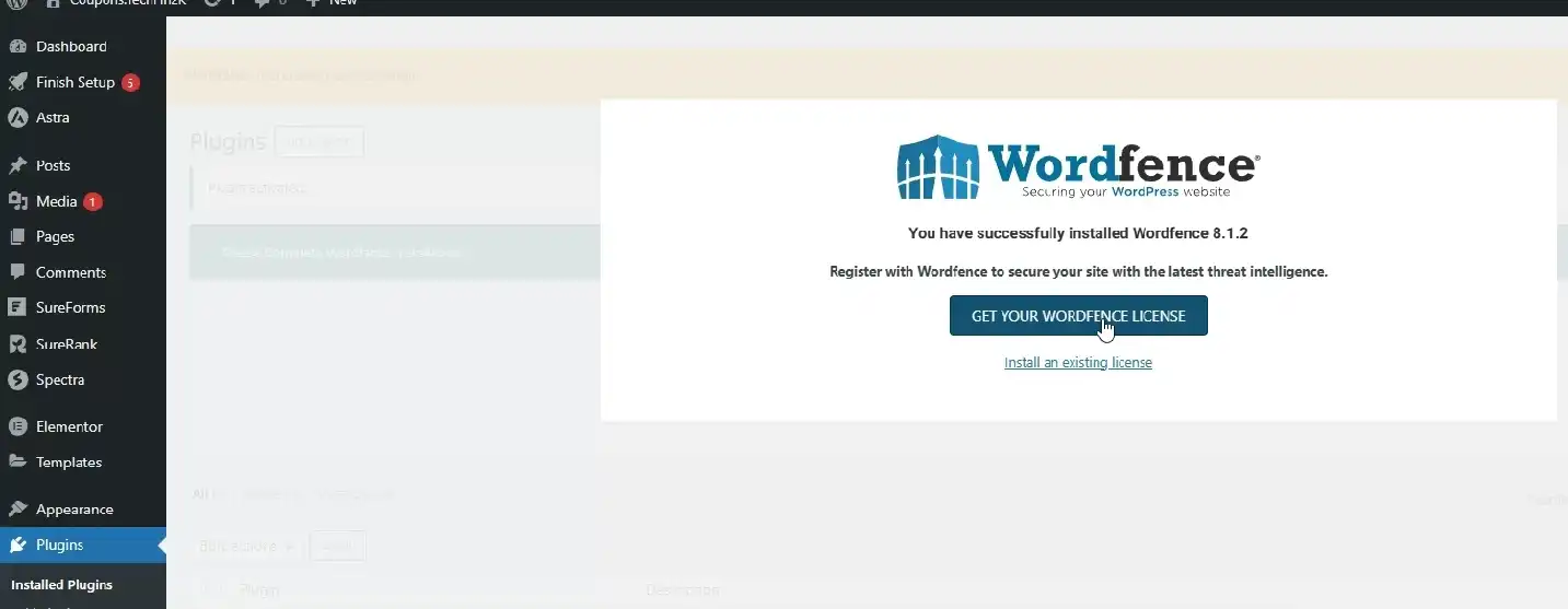 Wordfence plugin asking for the free license key during installation on a WordPress site
