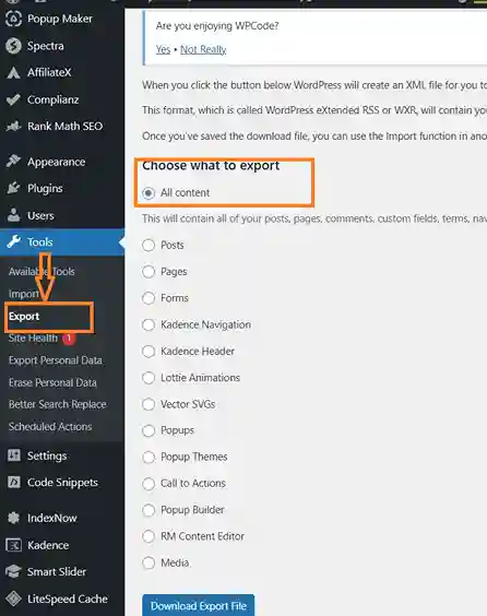 wordpress-export-tool-location WordPress dashboard showing the Export option under Tools for starting a WordPress migration