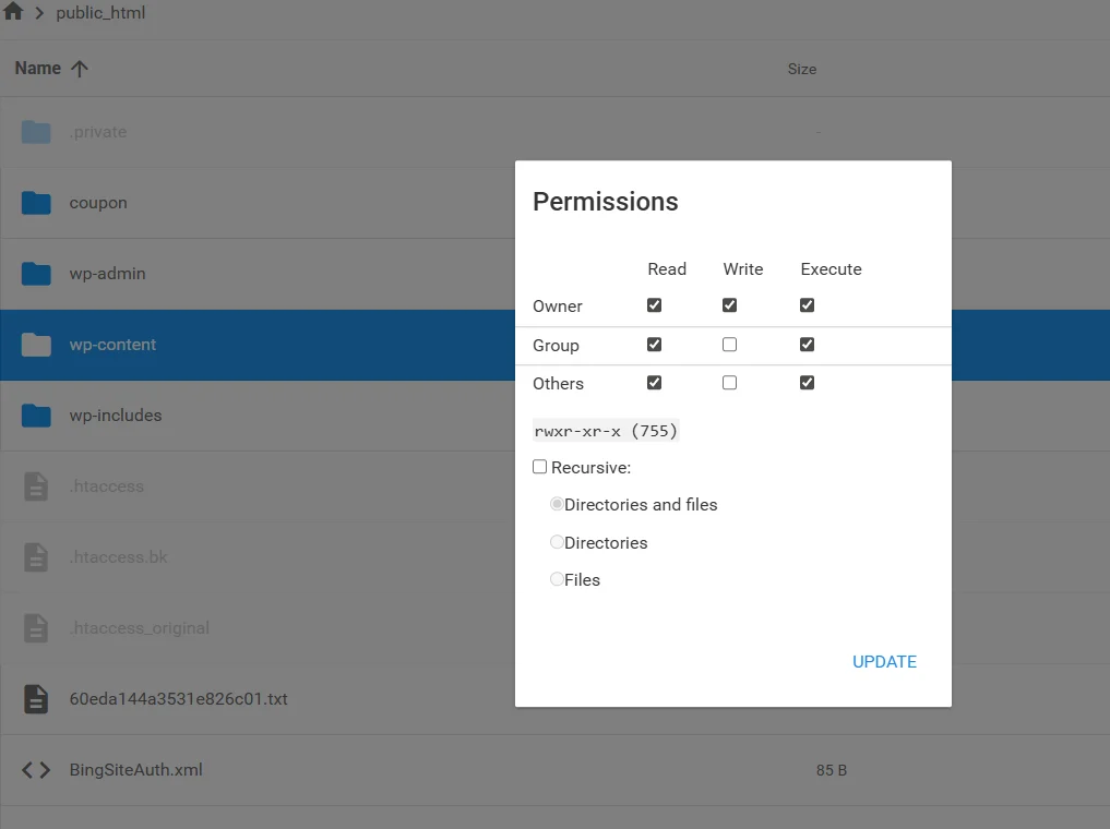 Screenshot showing how to set WordPress directory permissions to 755 (rwxr-xr-x) in cPanel file manager.