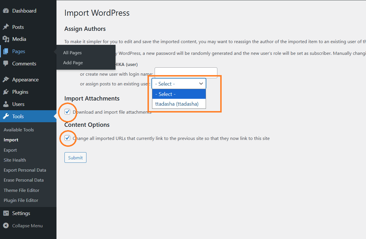 Assigning posts to users and selecting content options in the WordPress Importer