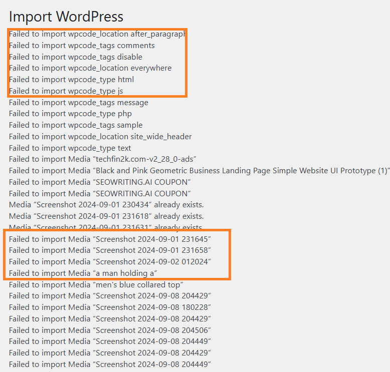 WordPress import process showing failed media uploads when migrating site content