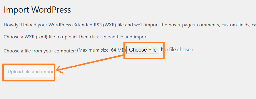Selecting the downloaded WordPress XML file to import content into a new site