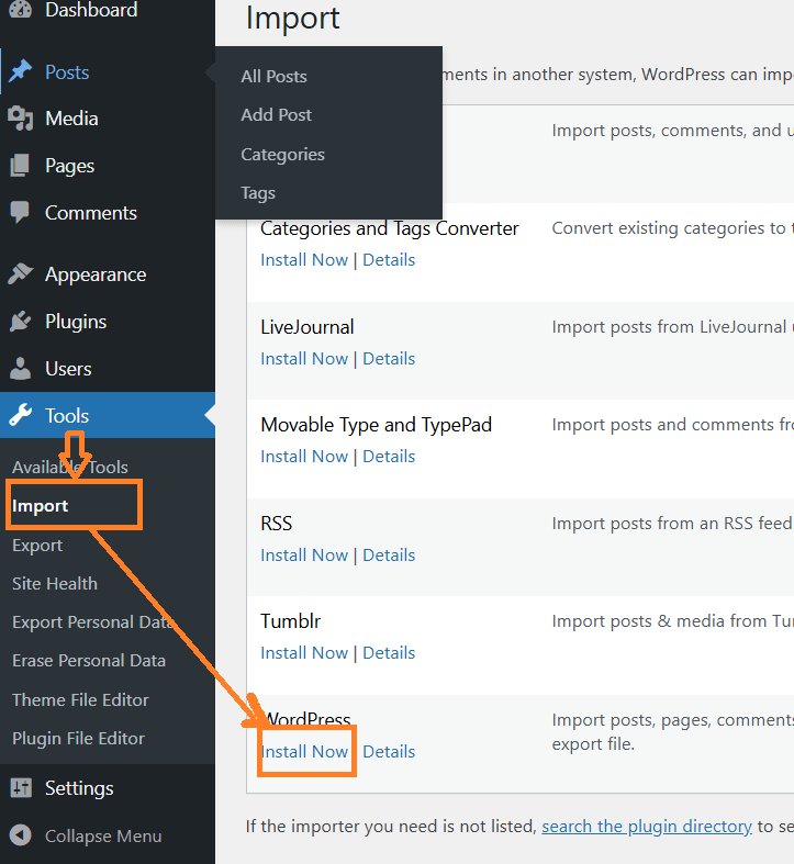 WordPress Import screen showing the option to install the WordPress Importer plugin for migration