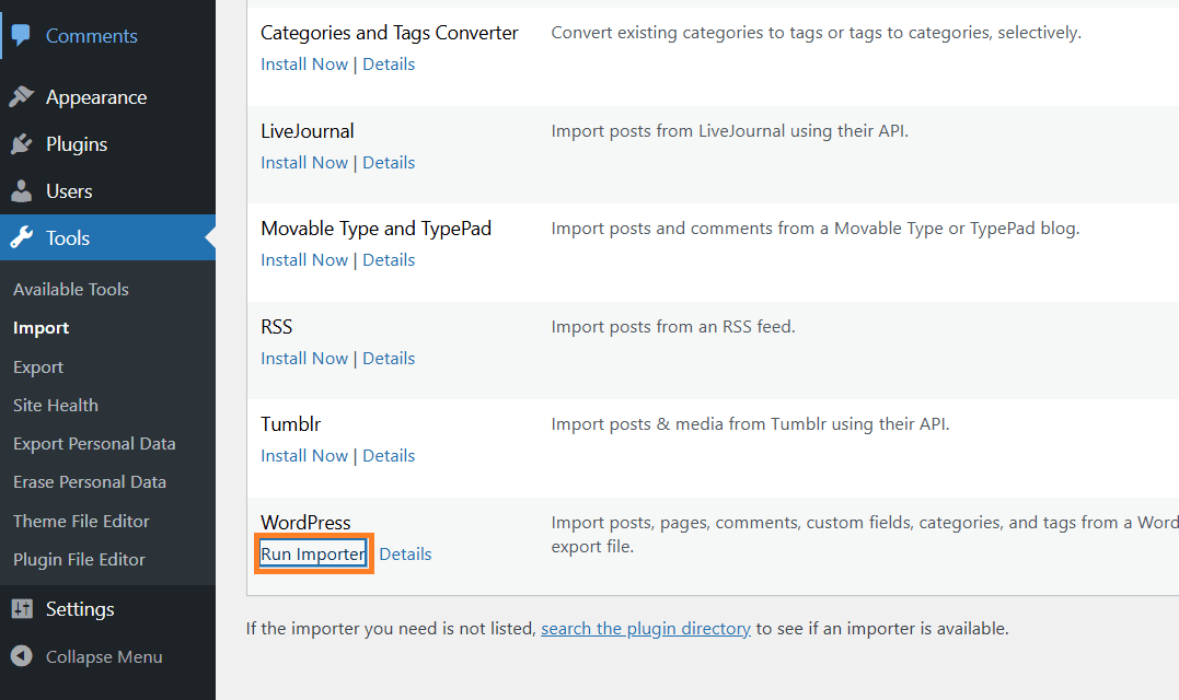 Running the WordPress Importer to upload an XML file during WordPress migration