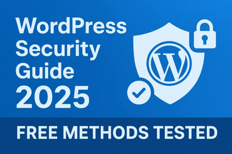 WordPress Security Guide 2025 featured image showing shield, lock icon, and text "Free Methods Tested".