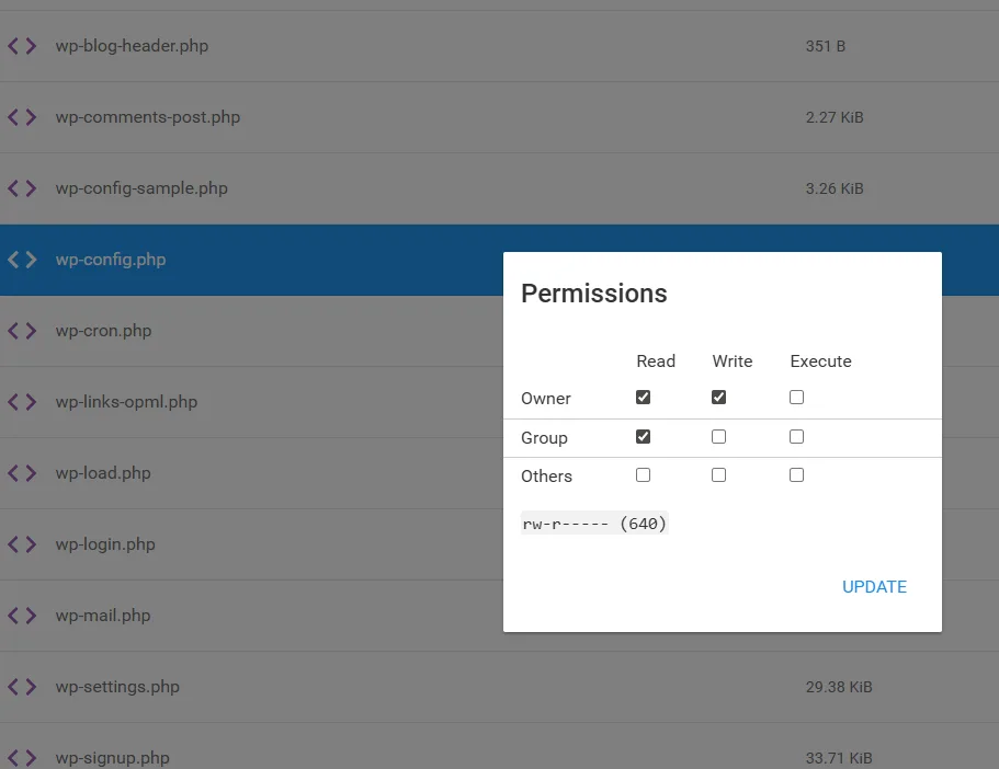 Screenshot showing how to set the wp-config.php file permissions to 640 (rw-r-----) for enhanced security.