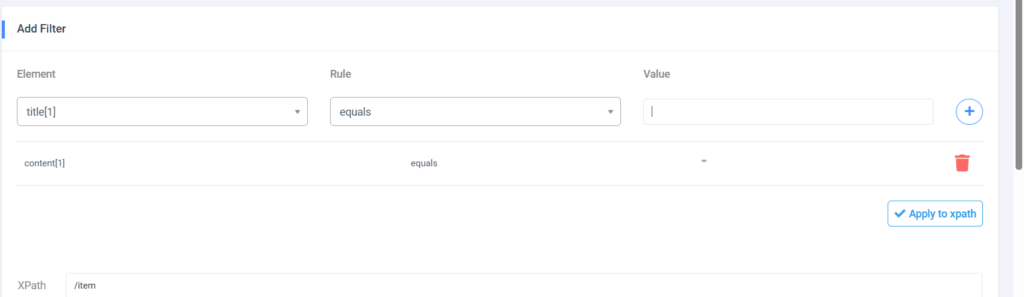 wp-import-export-add-filter-xpath Field mapping and filter configuration screen, showing 'Element,' 'Rule,' and 'Value' fields for advanced import filtering
