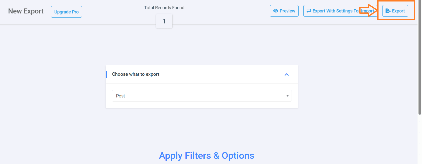 WP Import Export Lite configuration showing Posts selected, CSV file type chosen, and the 'Generate File' button ready to click.