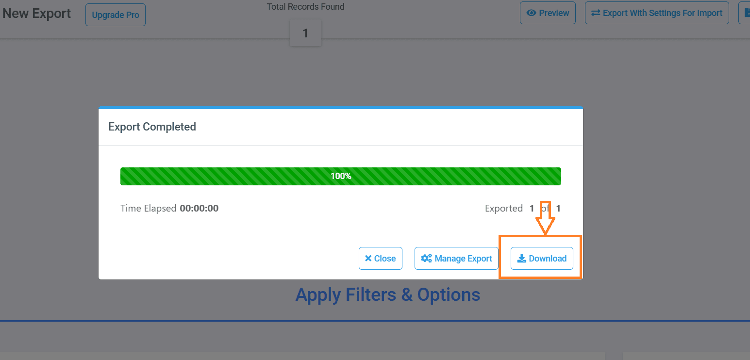 Export process successfully completed, displaying a button or link to download the exported CSV or XML file.