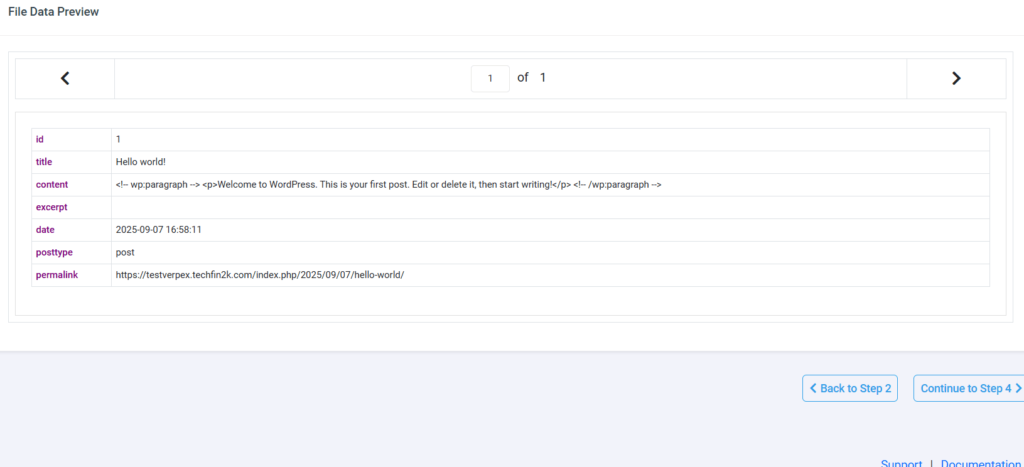 wp-import-export-file-data-preview Preview screen showing the content structure and column headers (id, title, content, permalink) of the imported CSV file