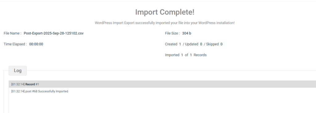 wp-import-export-import-successfully-completed Final Import Complete screen confirming the successful import of 1 of 1 records with time elapsed