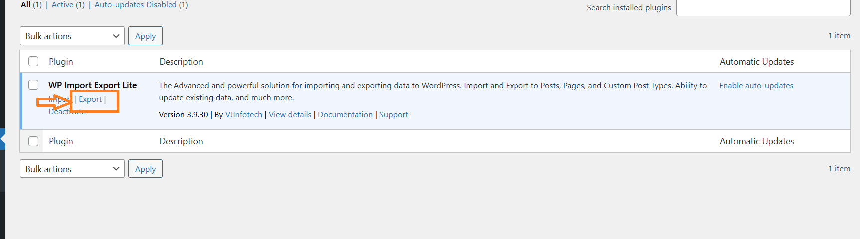 WP Import Export Lite plugin main menu showing the 'Export' option selected.