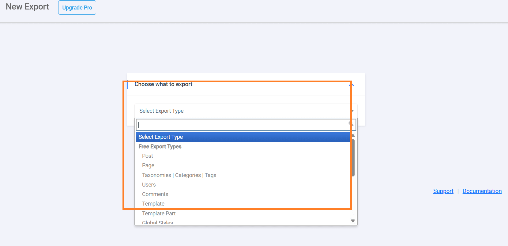 Configuration screen for WP Import Export Lite, highlighting the dropdown to select data type, such as Posts or Pages.