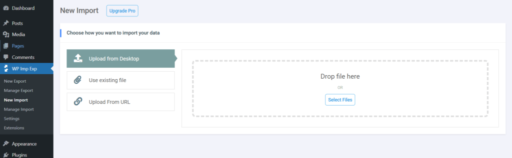 wp-import-export-select-new-import WordPress dashboard menu showing 'WP Imp Exp' expanded with 'New Import' highlighted and selected
