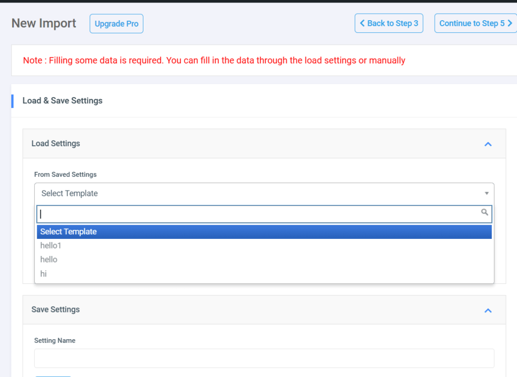 wp-import-export-template-load-save-settings Load and Save Settings screen in WP Import Export, showing an option to select a previously saved template for import configuration