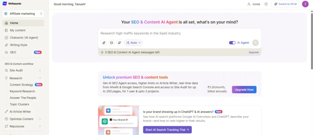 writesonic-dashboard-template-library Writesonic dashboard showing expanded template library and features
