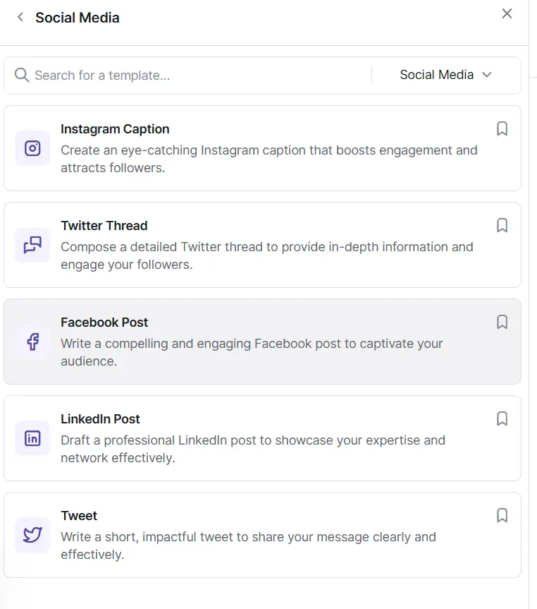 writesonic-social-media-templates Writesonic Social Media template selection menu showing options for Instagram Caption, Twitter Thread, Facebook Post, LinkedIn Post, and Tweet